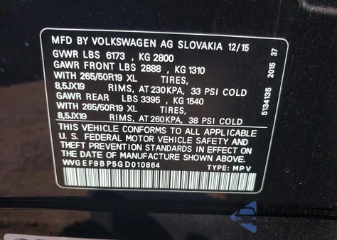 2016 Volkswagen Touareg Vr6 Lux from USA, damaged, VIN WVGEF9BP5GD010864